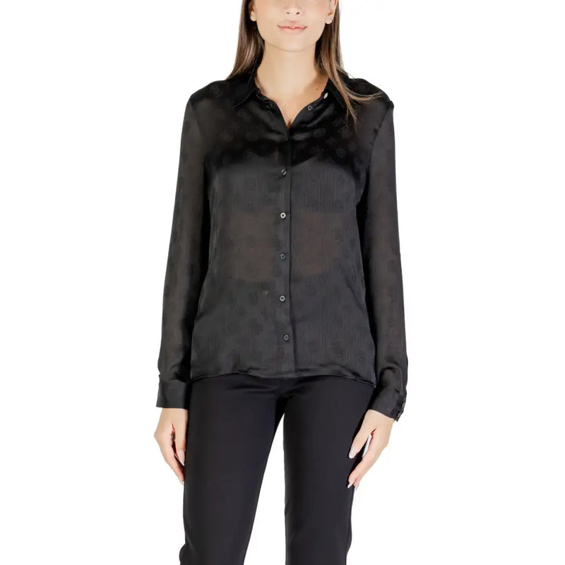 Women’s long-sleeve black sheer button-up shirt from Guess Beige Classic collection
