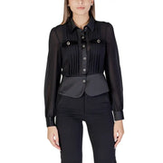 Women black long-sleeve button-up blouse with pleated details and satin waist panel
