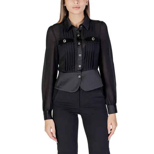Women black long-sleeve button-up blouse with pleated details and satin waist panel