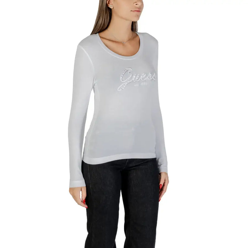 Women’s light grey long-sleeve scoop-neck T-shirt with sparkly Guess logo for fall winter fashion