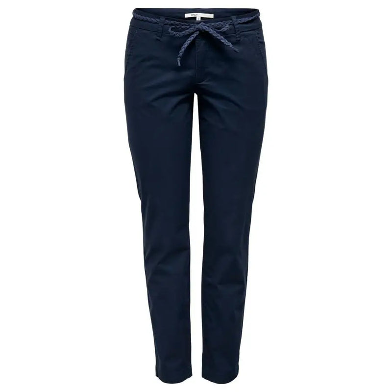 Women’s navy blue casual cotton elastane trousers with lace detail for spring summer wear