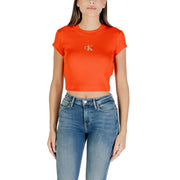 Women’s orange Calvin Klein short-sleeved crop top displayed on Calvin Klein Jeans White Round Neck T-Shirt product