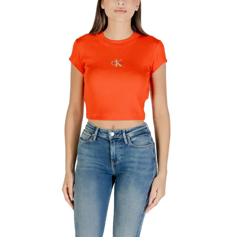 Women’s orange Calvin Klein short-sleeved crop top displayed on Calvin Klein Jeans White Round Neck T-Shirt product