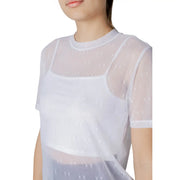 Women’s sheer white mesh top with subtle ax logo pattern paired with a white tank for layering