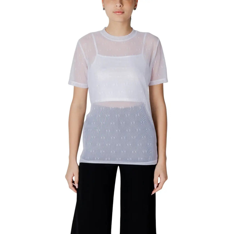 Women’s sheer white mesh top with subtle patterned lower section and short sleeves paired with white tank