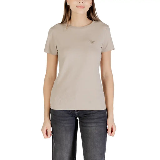 Beige Guess Active women’s short-sleeve crewneck T-shirt in solid light tan color