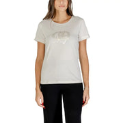 Women’s white cotton T-shirt with round neck and embroidered front design