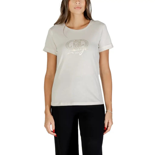 Women’s white cotton T-shirt with round neck and embroidered front design
