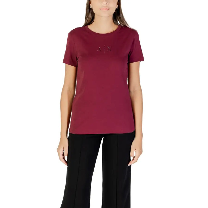 Women’s maroon short-sleeved cotton T-shirt with rhinestone embellishment and round neck