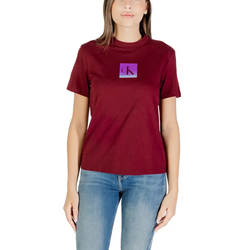 Women’s Bordeaux short-sleeve T-shirt with purple and black Calvin Klein logo on chest