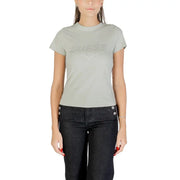 Women’s black round neck T-shirt with subtle logo and rhinestones from Guess Active