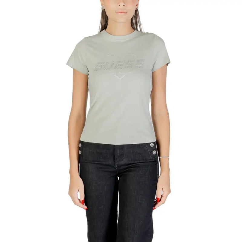 Women’s black round neck T-shirt with subtle logo and rhinestones from Guess Active