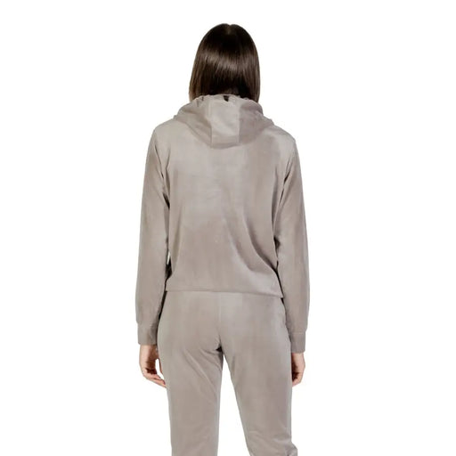 Women’s taupe velour tracksuit from Guess Active featuring rhinestone hooded sweatshirt