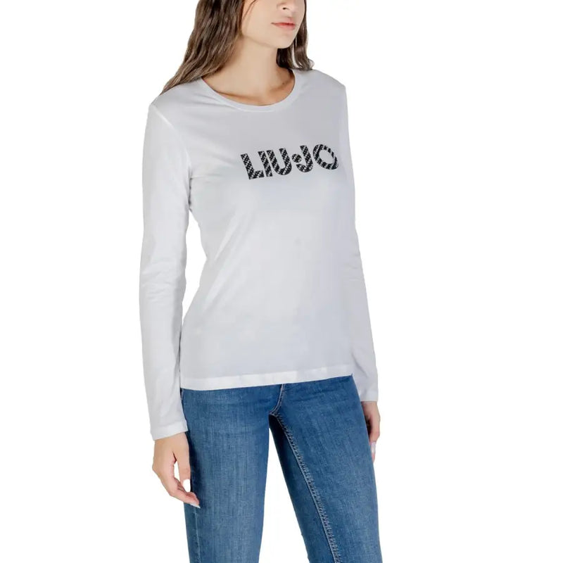 Women’s white long-sleeve cotton T-shirt with LIU JO logo on chest, round neck design
