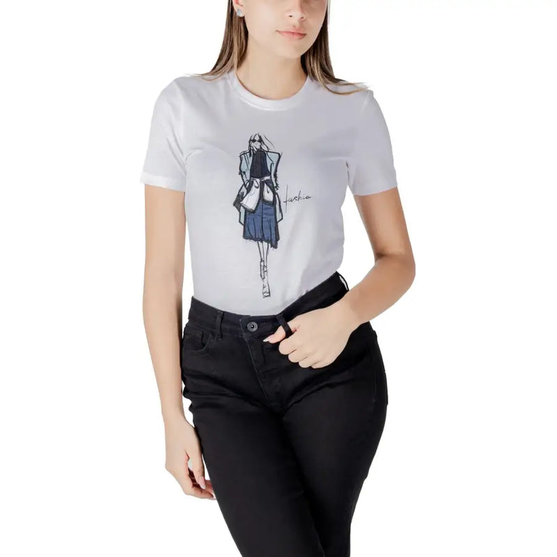 Women’s white organic cotton short-sleeved t-shirt with a black and blue illustrated fashion sketch of a woman in a trench coat