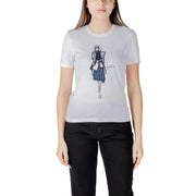 Women’s white organic cotton short-sleeved t-shirt with a black and blue illustrated fashion sketch on the front