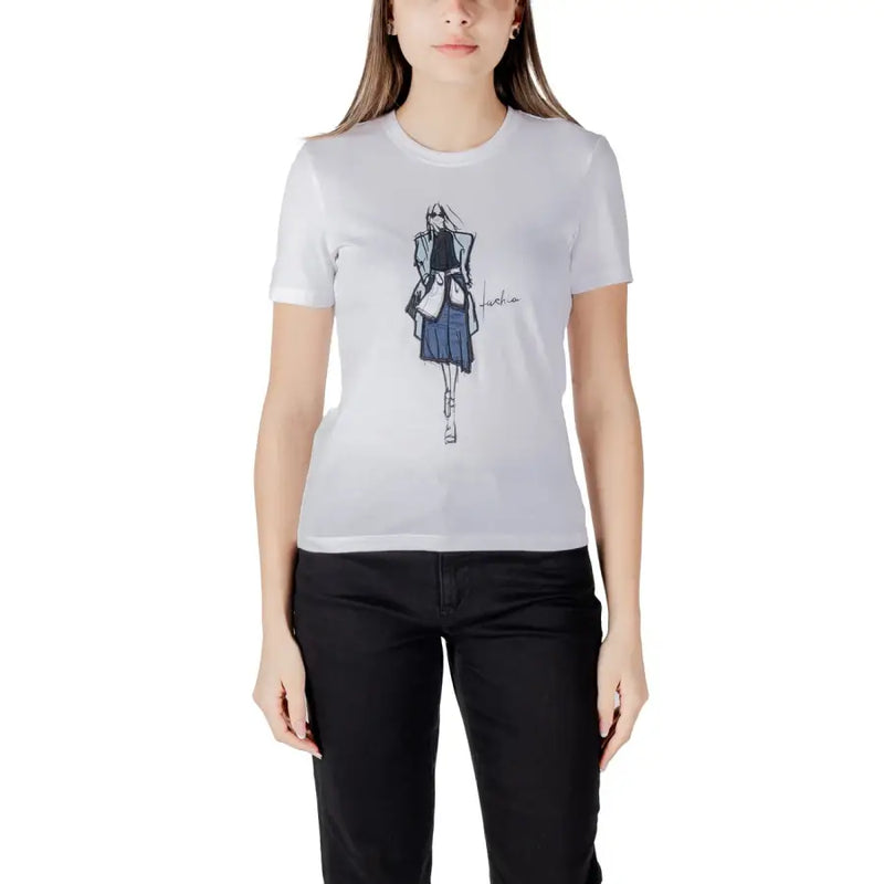 Women’s white organic cotton short-sleeved t-shirt with a black and blue illustrated fashion sketch on the front