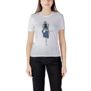 Women’s white organic cotton short-sleeved t-shirt with a black and blue illustrated fashion sketch on the front