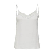 Women’s white polyester tank top featuring lace-trimmed white spaghetti strap camisole design