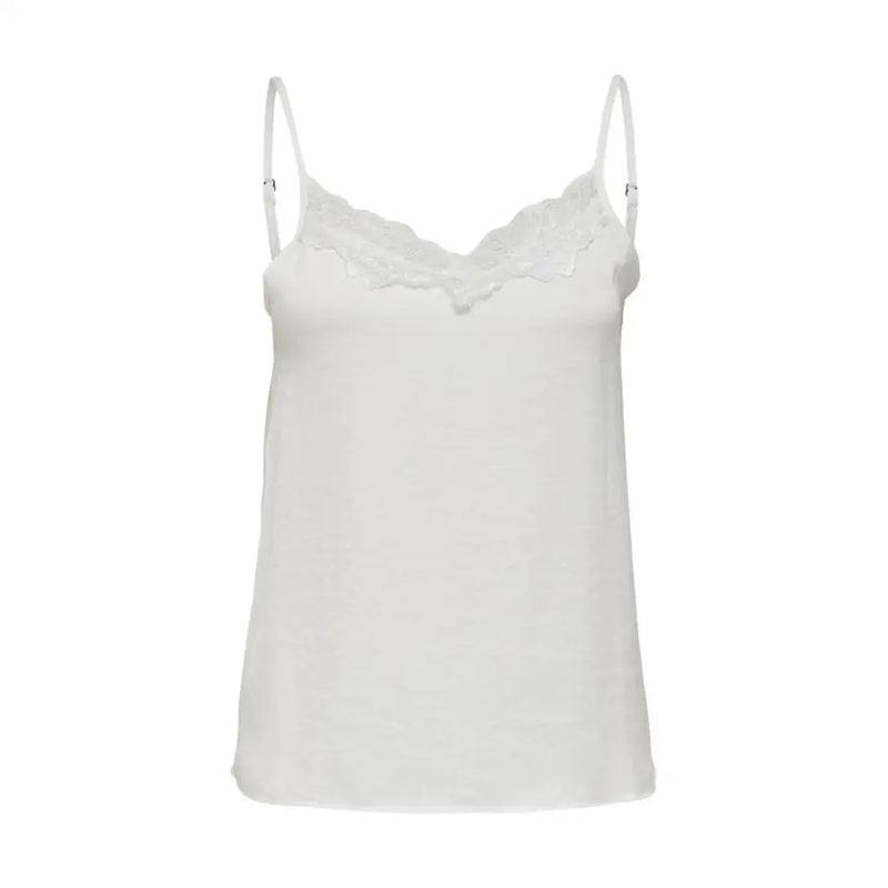 Women’s white polyester tank top featuring lace-trimmed white spaghetti strap camisole design