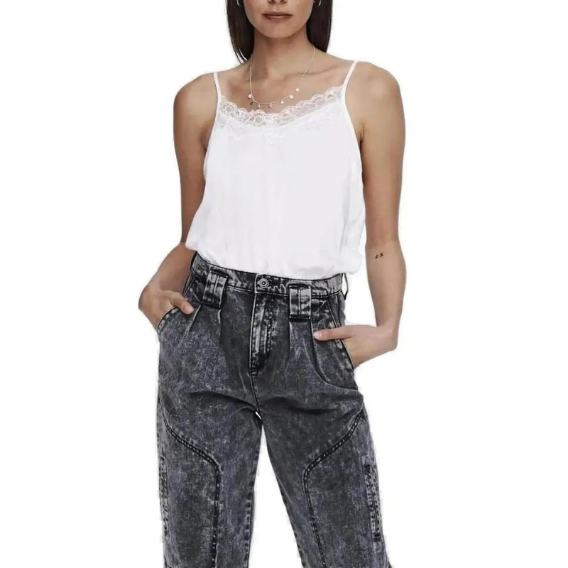 Women’s white polyester tank top with white lace-trimmed spaghetti straps showcasing front side design