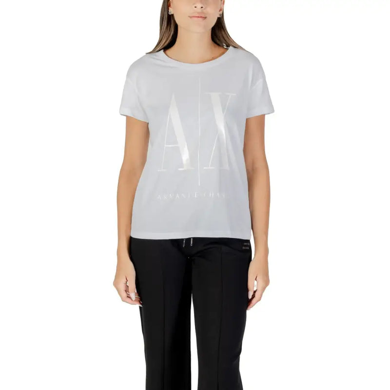 Women’s white short-sleeve T-shirt with metallic logo from Armani Exchange