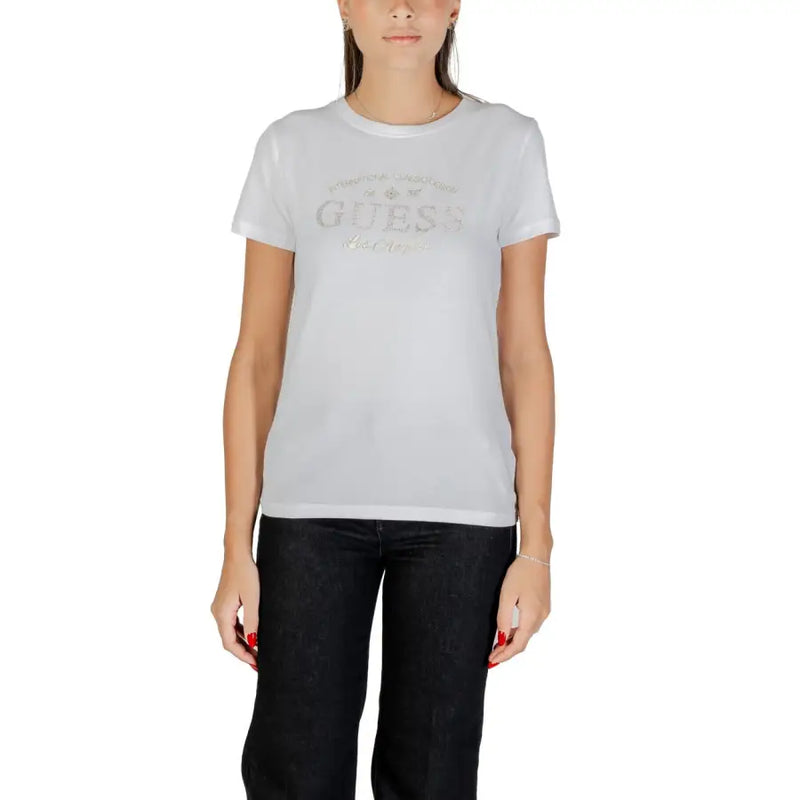 Women’s white short-sleeve crew-neck T-shirt with metallic GUESS graphic and rhinestone details