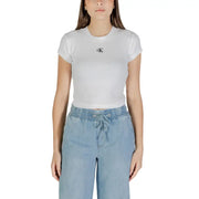 Women’s white short-sleeve crop top with black CK logo from Calvin Klein Jeans