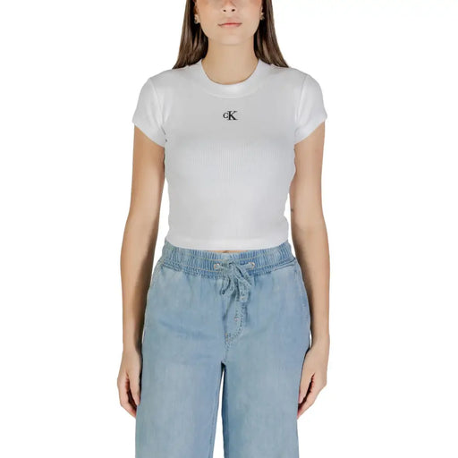 Women’s white short-sleeve crop top with black CK logo from Calvin Klein Jeans