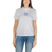 Women’s white short-sleeve T-shirt with light blue square graphic from Calvin Klein Jeans