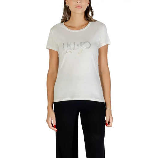 Weißes, kurzärmeliges Baumwoll-T-Shirt für Damen mit Rundhalsausschnitt und kurzen Ärmeln T-shirt angezeigt in Liu Jo Produktpalette