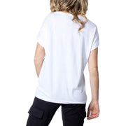Women’s white short sleeve viscose blend t-shirt with relaxed fit and rounded neckline shown from the front