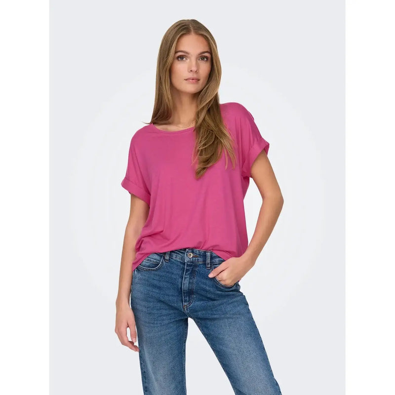 Women’s viscose blend t-shirt in vibrant pink with short sleeves and a relaxed, slightly draped fit