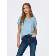 Light blue short-sleeved relaxed fit top with rolled cuffs made from a viscose blend for women