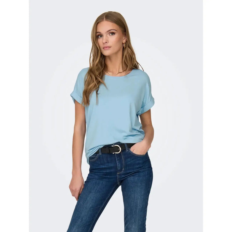 Light blue short-sleeved relaxed fit top with rolled cuffs made from a viscose blend for women