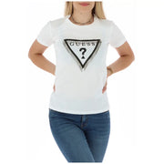 Women’s white short-sleeved cotton T-shirt with black triangular Guess logo