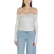 Womens white off the shoulder long sleeved top with small Tommy Hilfiger logo on chest, made of soft fabric