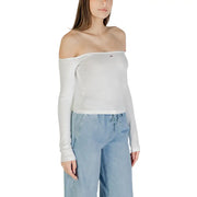 Womens white off the shoulder long sleeved top with a small Tommy Hilfiger logo on the chest