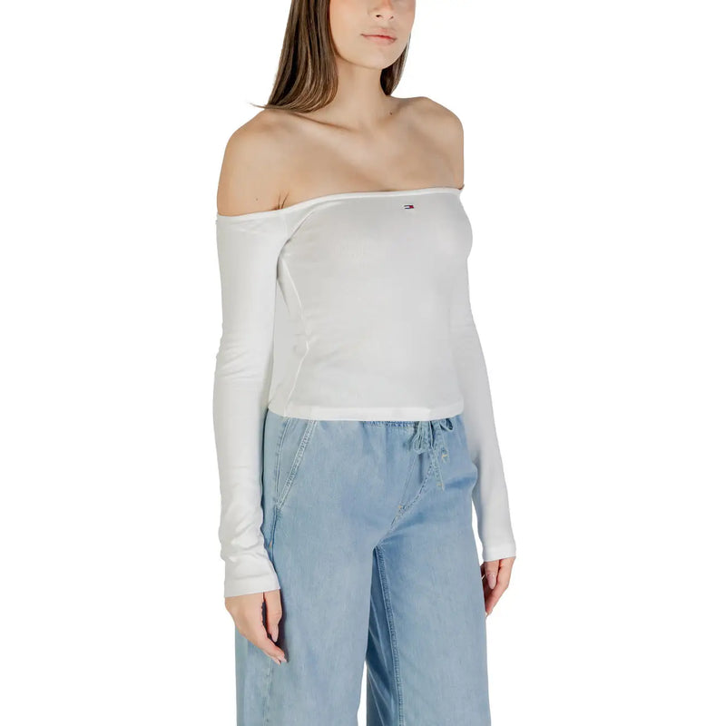 Womens white off the shoulder long sleeved top with a small Tommy Hilfiger logo on the chest