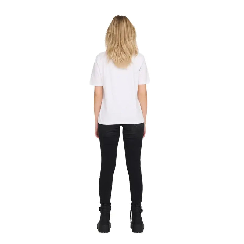 Women’s white t-shirt by Only showing the back with a subtle logo and short sleeves in a soft cotton blend