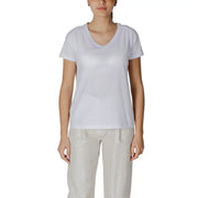 Womens white v neck short-sleeved cotton t shirt shown from the back side for casual wear