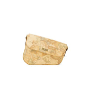 Beige world map patterned crossbody bag with brown strap for stylish travel accessory