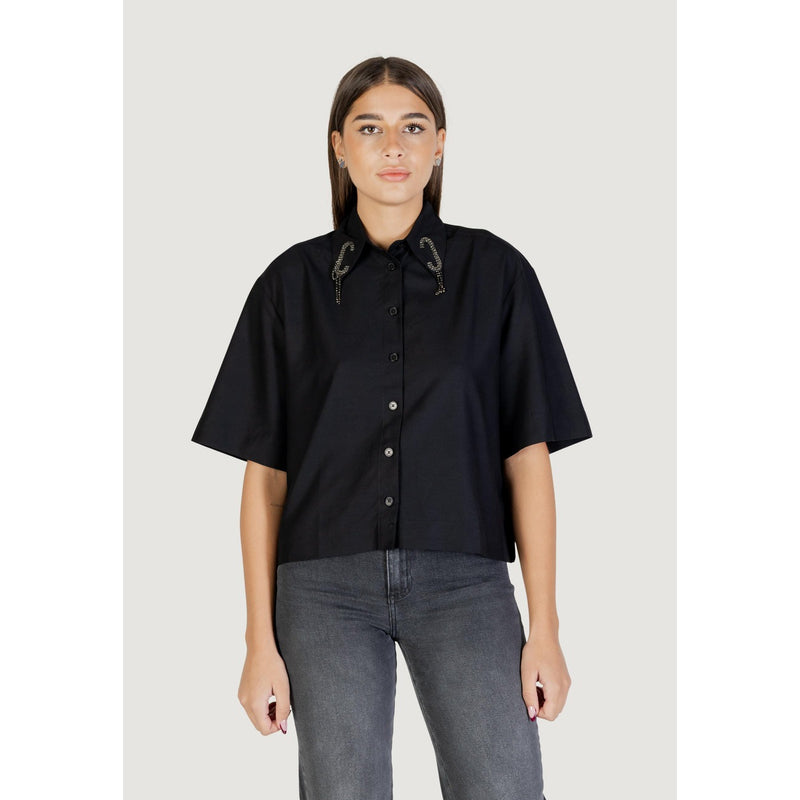 Colcci Women Black Button Short Sleeve Round Neck Shirt