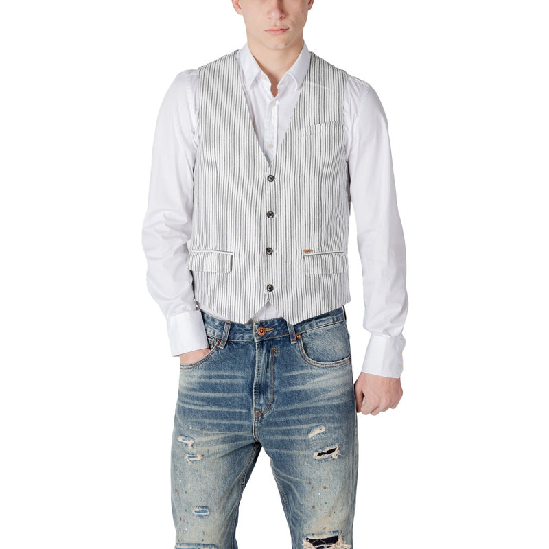 Gianni Lupo Black Pinstripe Linen Cotton Gilet for Men
