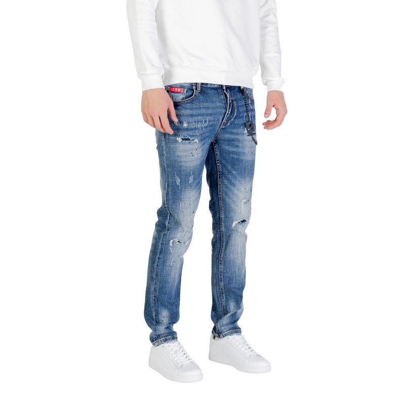 Blue Distressed Cotton Stretch Jeans for Men