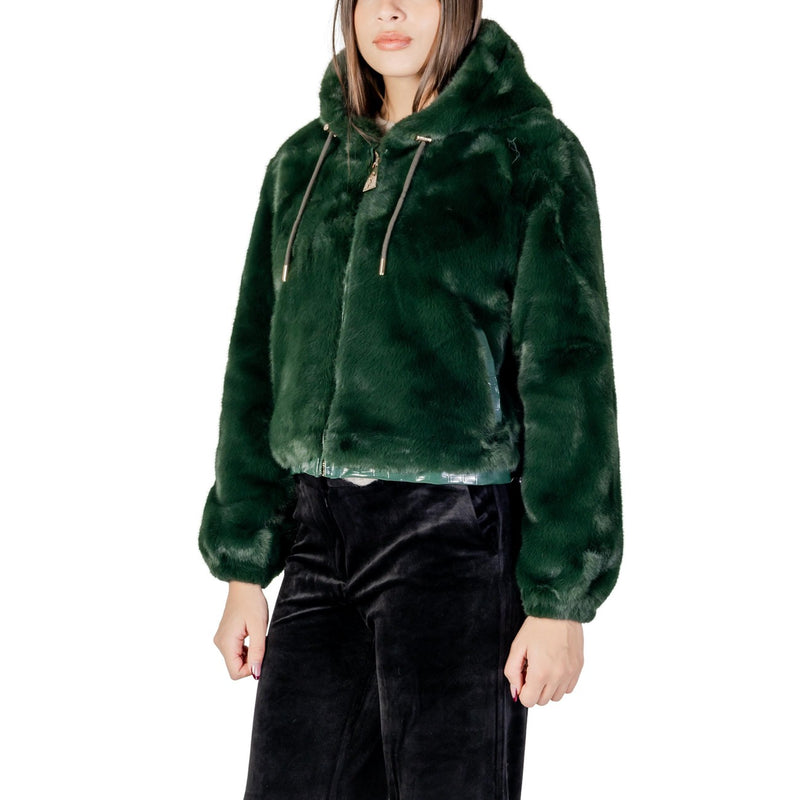 Green Hooded Polyester Blazer with Zip for Women