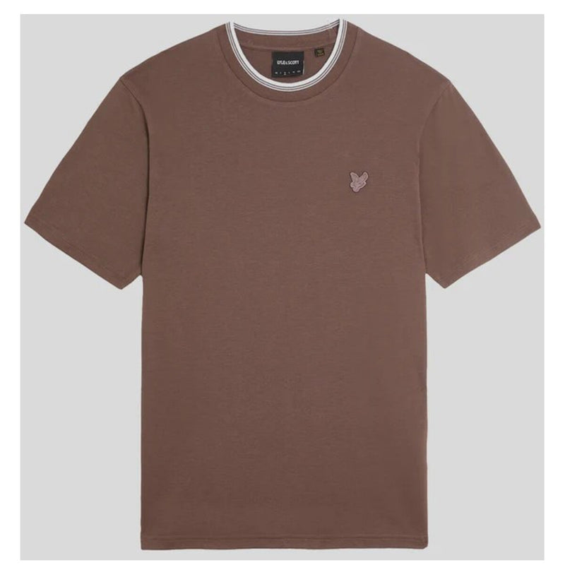 Brown Short Sleeve T Shirt with White Striped Collar
