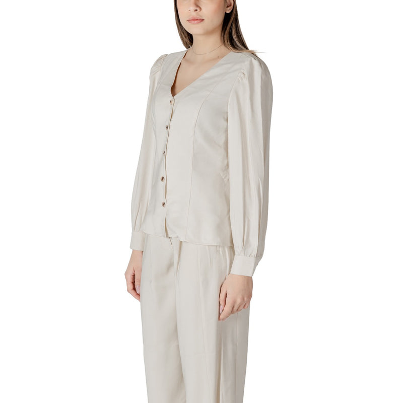 White Long Sleeve V-Neck Viscose Blouse for Women