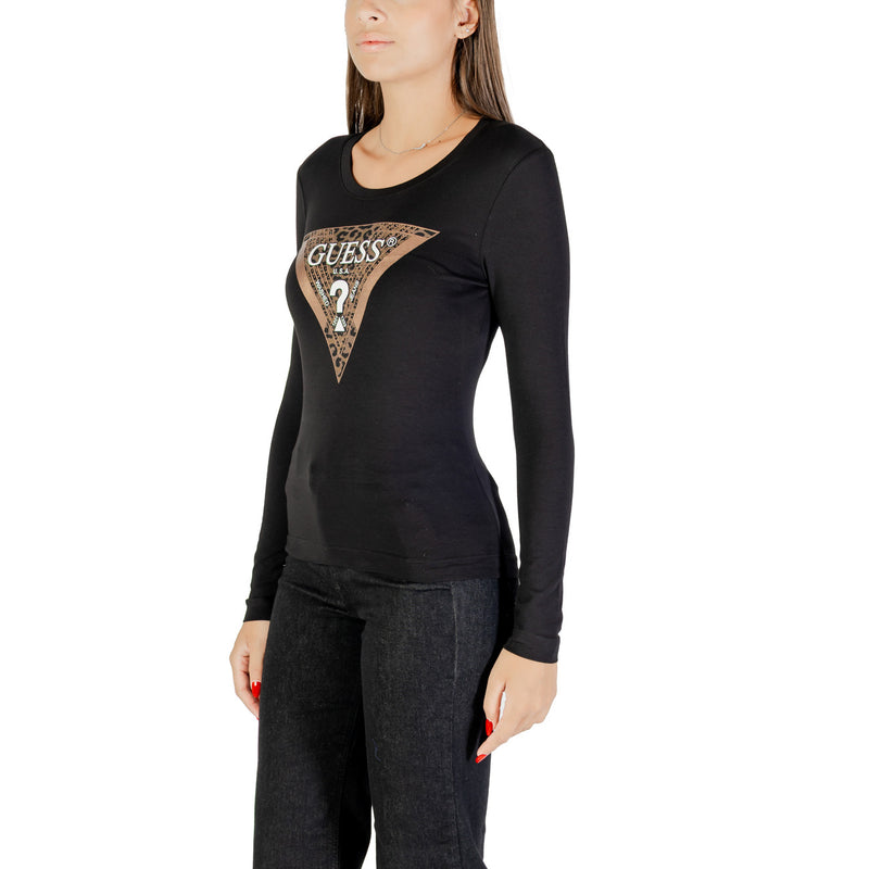 Guess Women Long Sleeve Black Round Neck Print T Shirt