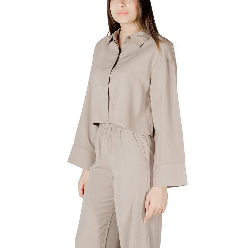 Beige Viscose Long Sleeve Round Neck Blouse for Women